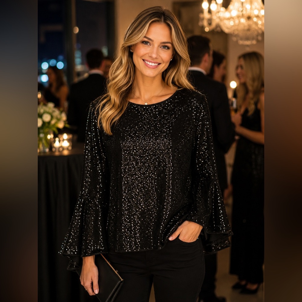 Vince Camuto Black Sequin Bell-Sleeve Top